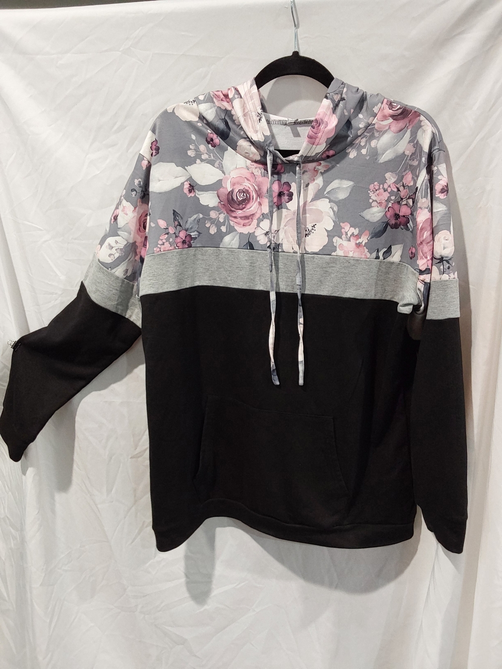 Floral Colorblock Hooded Pullover Sweater - Pink Gray Black